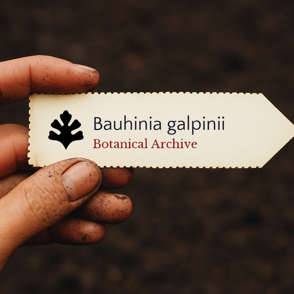 Etichetta per pianta stampata per Bauhinia galpinii tenuta in mano con sfondo di terra