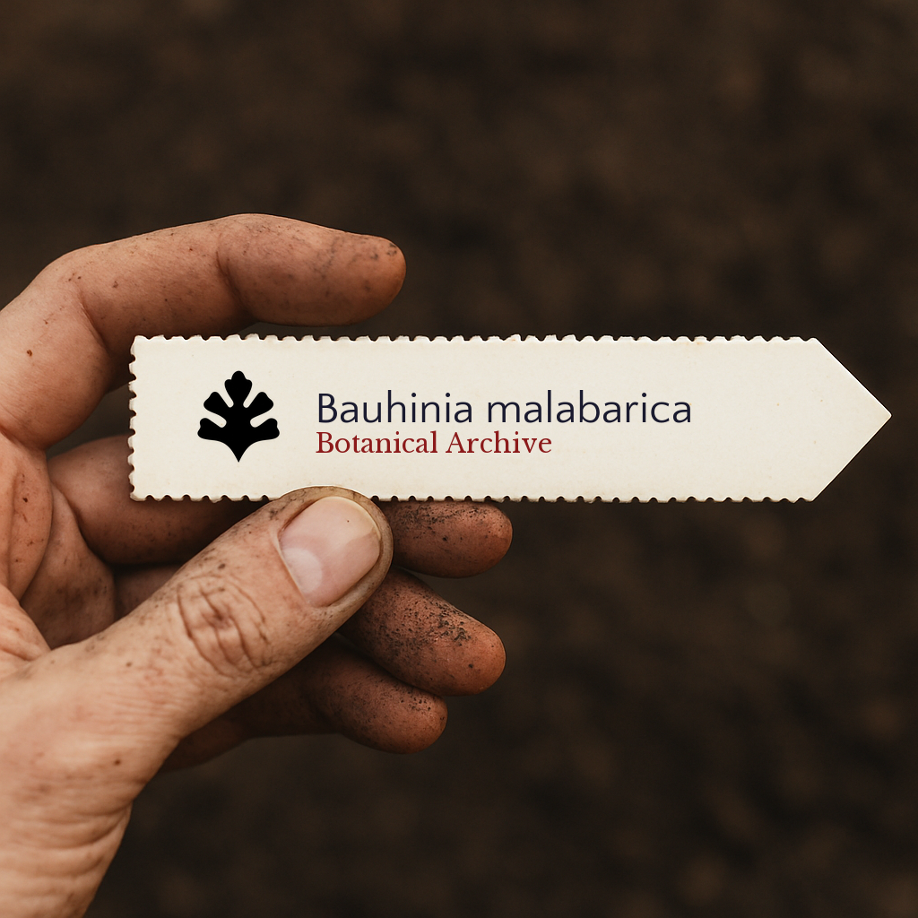 Printed plant label for Bauhinia malabarica held by dirty hand over soil background