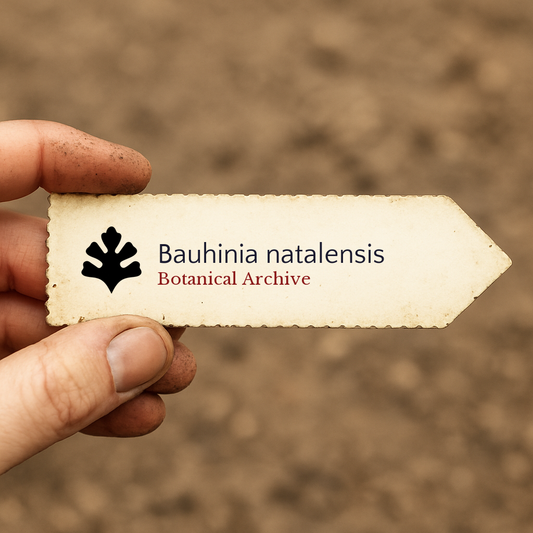 Printed plant label for Bauhinia natalensis with botanical archive logo held by hand