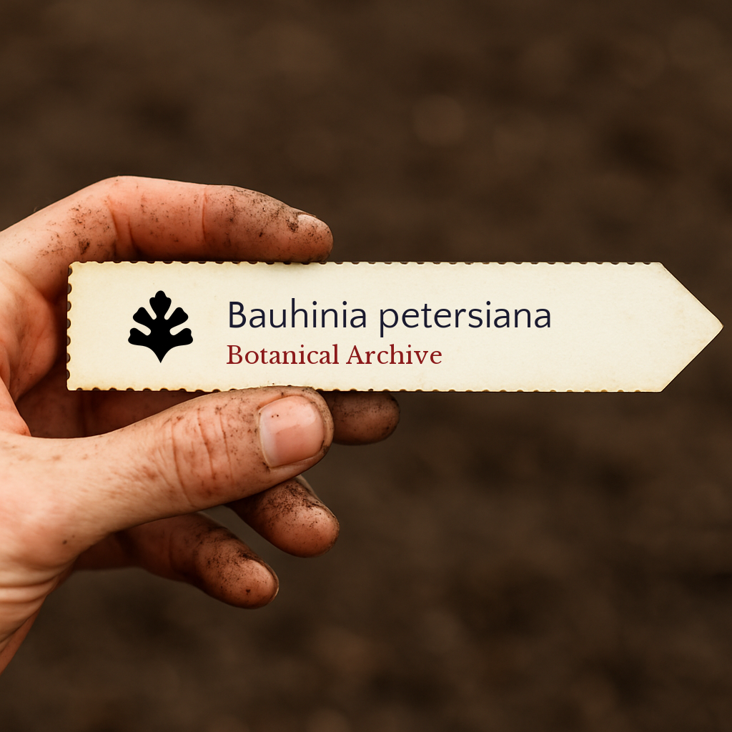 Etichetta della pianta stampata per Bauhinia petersiana tenuta da una mano sporca su sfondo di terreno