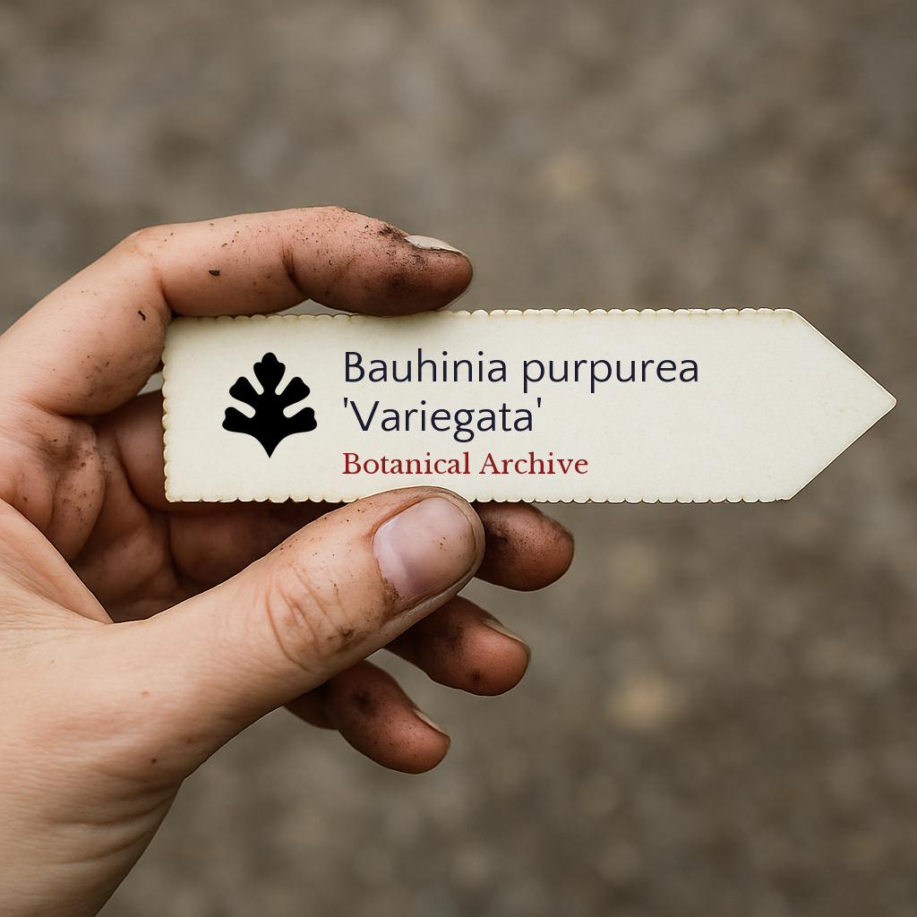 Printed plant label for Bauhinia purpurea 'Variegata' held by dirty hand outdoors