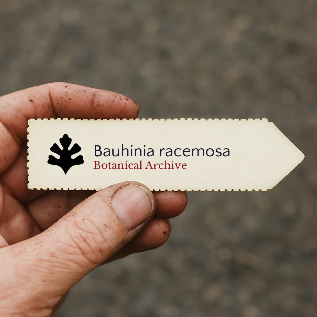 Etichetta stampata per pianta di Bauhinia racemosa tenuta da un giardiniere con mani sporche