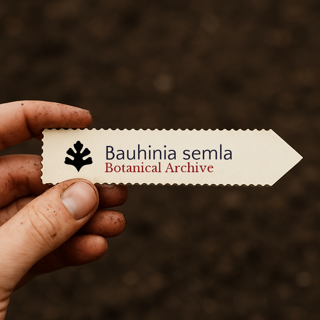 Printed plant label for Bauhinia semla held by hand with soil background