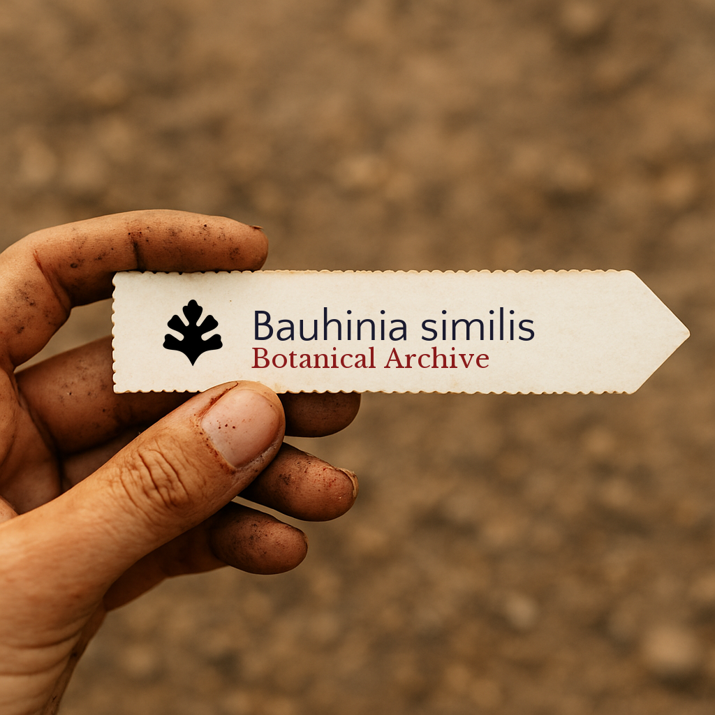 Printed plant label for Bauhinia similis held by dirty hand with soil background