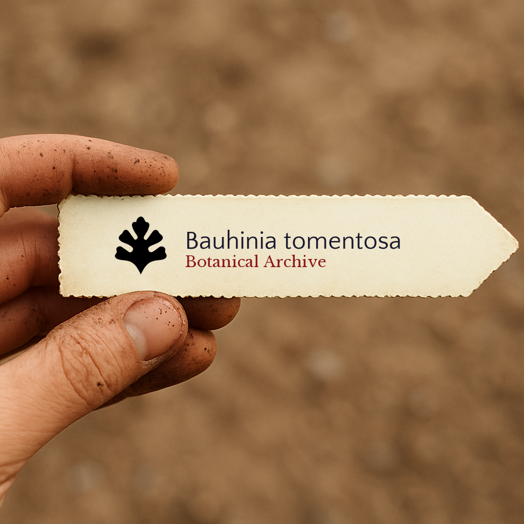Etichetta botanica stampata per Bauhinia tomentosa tenuta a mano con sfondo di terreno