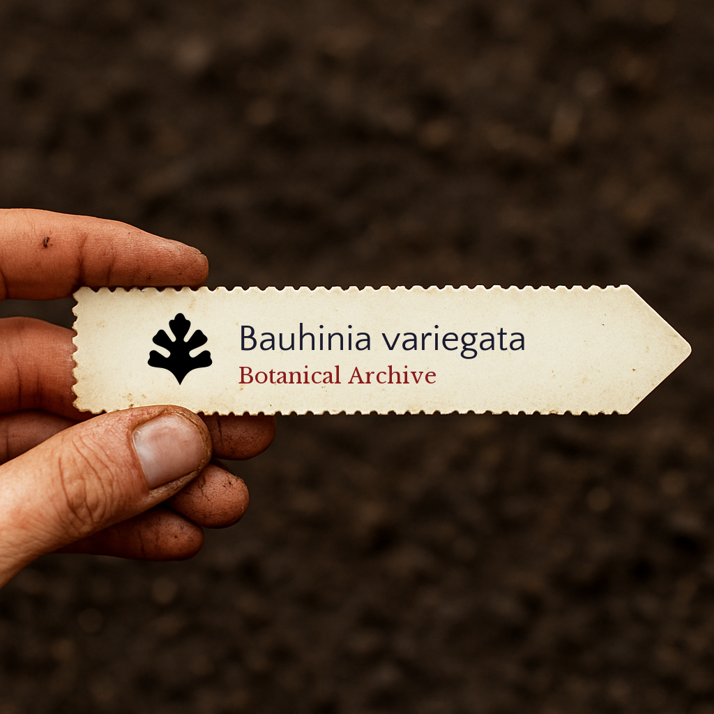 Printed plant label for Bauhinia variegata with botanical archive logo held over soil background