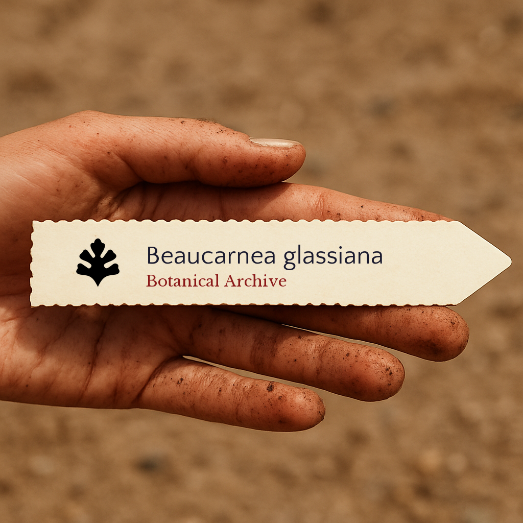 Etichetta stampata per pianta Beaucarnea glassiana tenuta in una mano sporca di terra contro uno sfondo di suolo