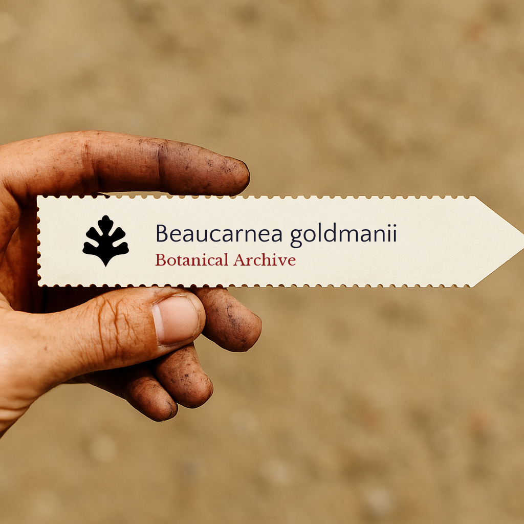 Printed plant label for Beaucarnea goldmanii held by hand with dirt background