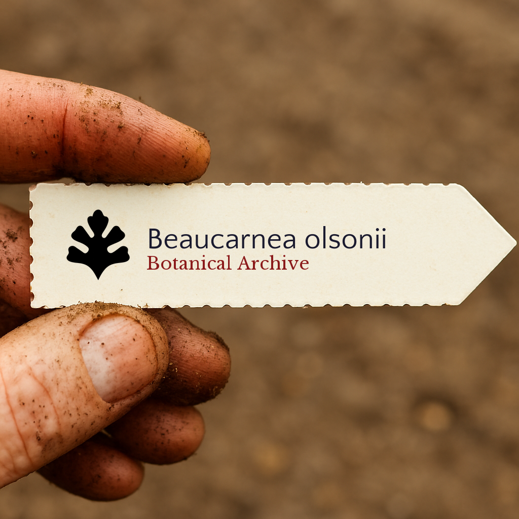 Etichetta stampata per pianta di Beaucarnea olsonii tenuta da mano sporca su sfondo di terreno
