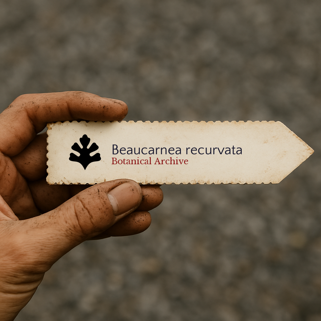 Printed plant label for Beaucarnea recurvata held by hand with dirt background