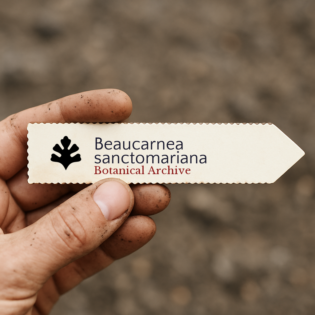 Etichetta della pianta stampata per Beaucarnea sanctomariana con logo Botanical Archive tenuta a mano