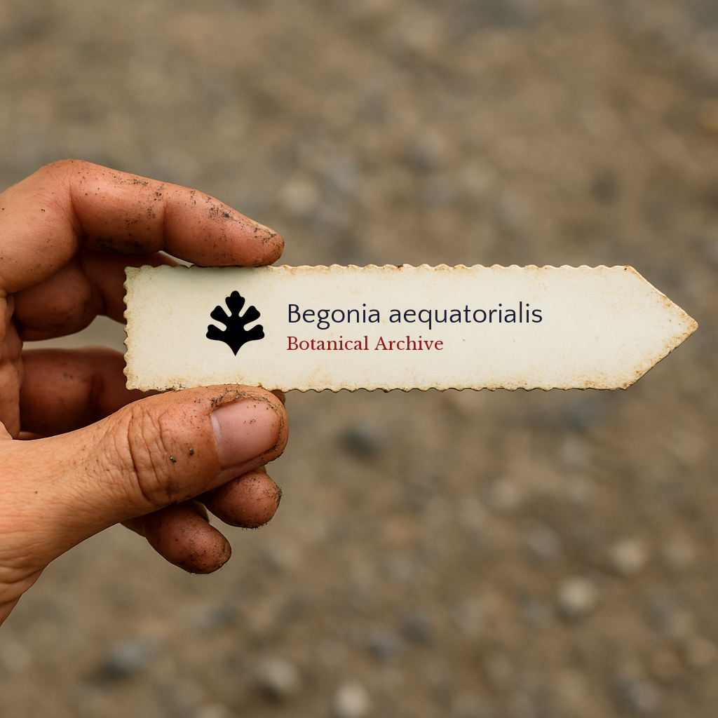 Printed plant label for Begonia aequatorialis held by a dirt-covered hand outdoors
