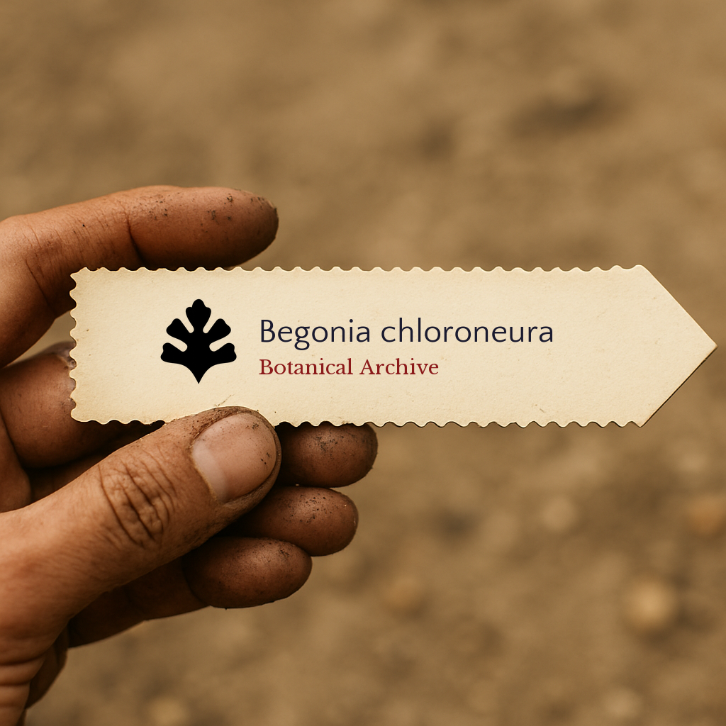 Etichetta per pianta stampata per Begonia chloroneura tenuta da una mano sporca contro uno sfondo di terreno