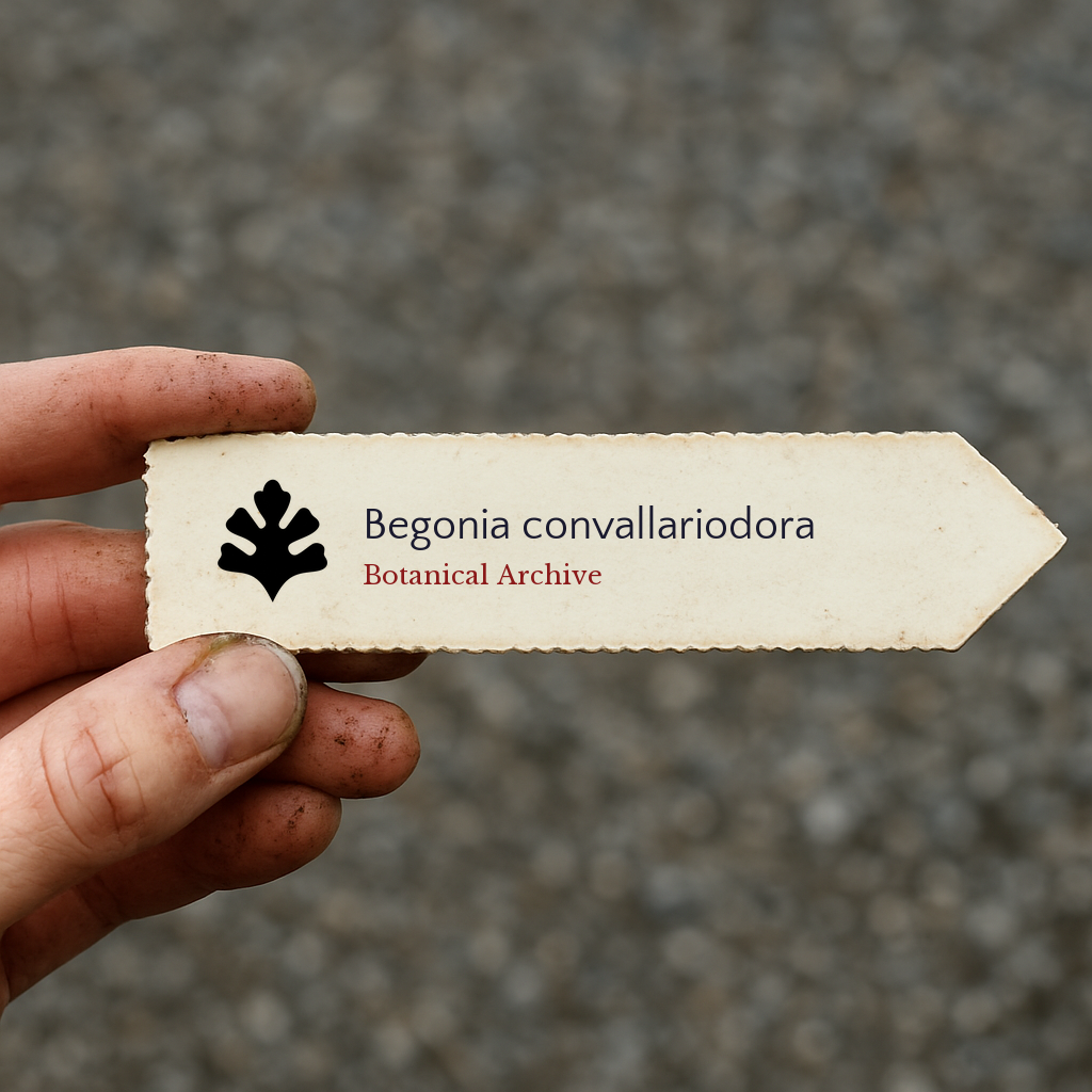Printed plant label for Begonia convallariodora held by hand with dirt background