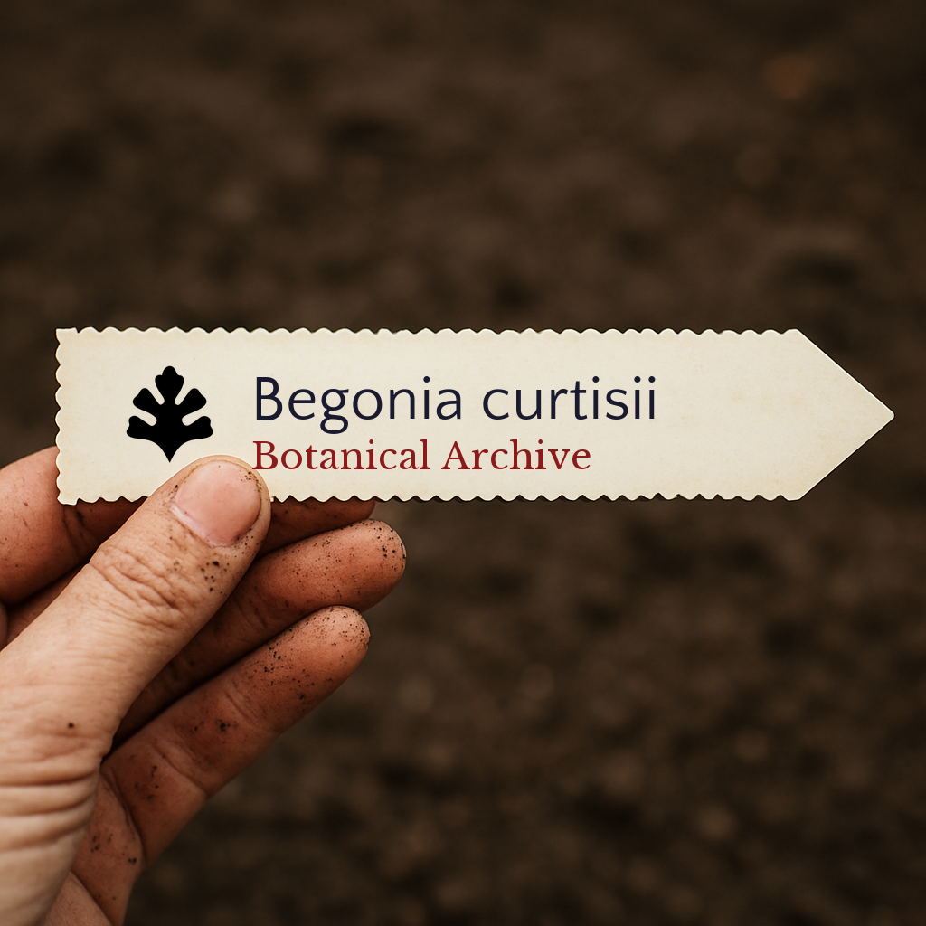 Printed plant label for Begonia curtisii held by hand with soil background