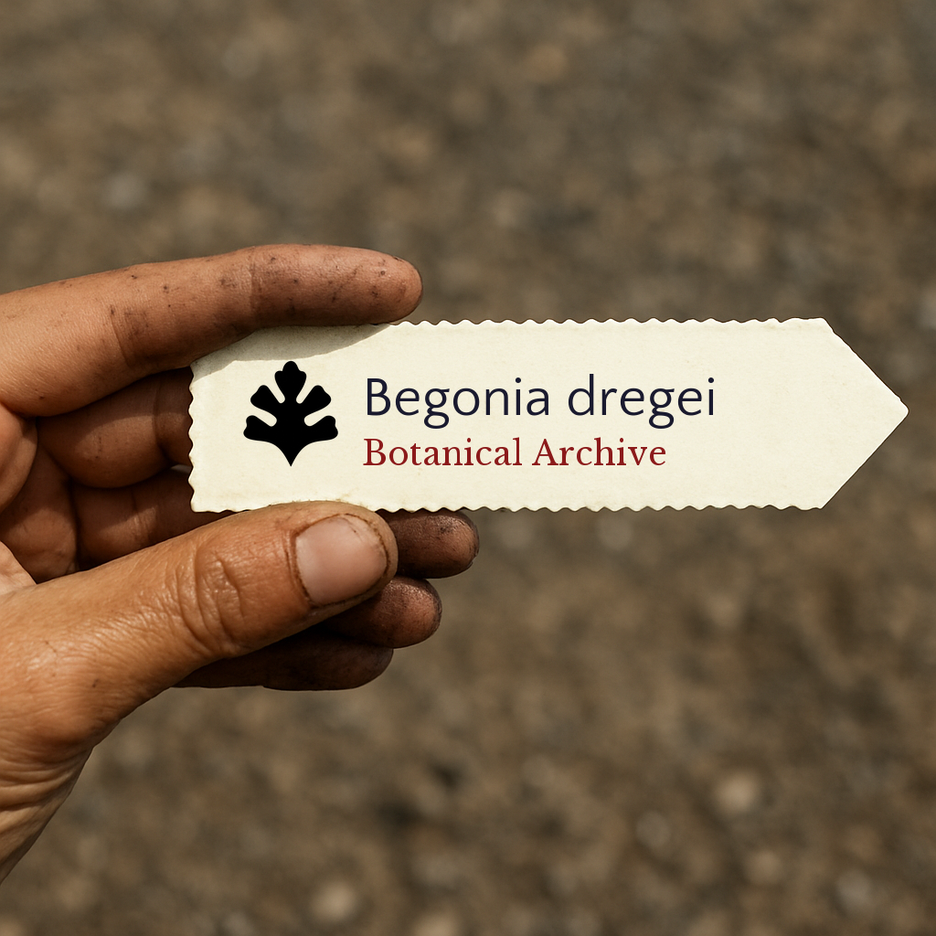 Printed plant label for Begonia dregei held by dirty hand outdoors