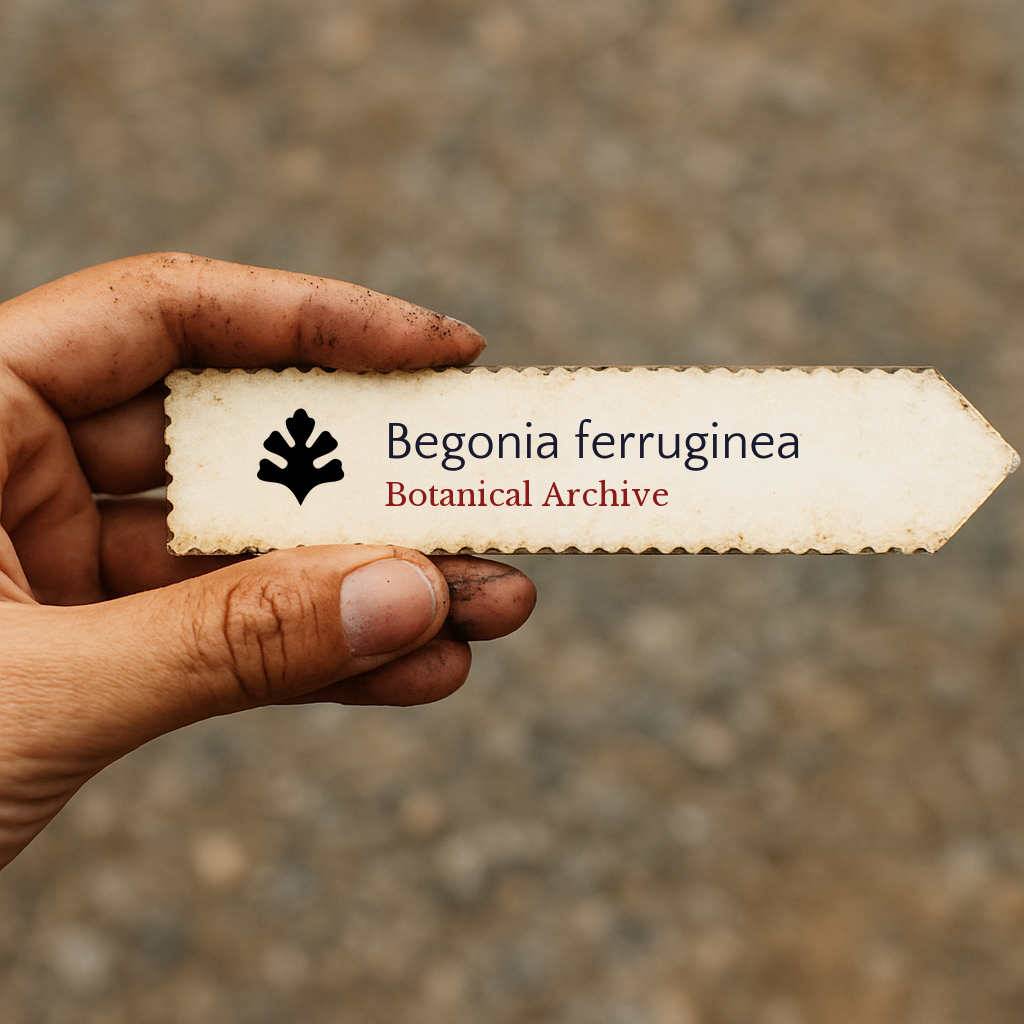 Printed plant label for Begonia ferruginea held by hand with dirt on fingers