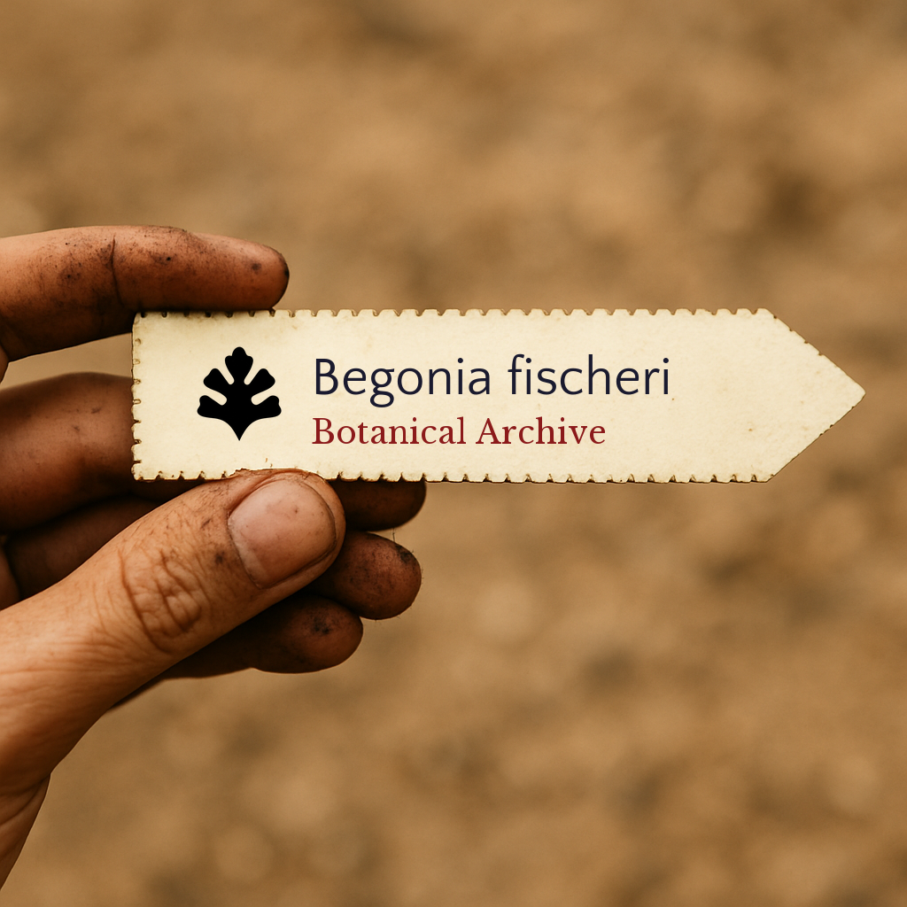 Printed plant label for Begonia fischeri held by hand with soil background