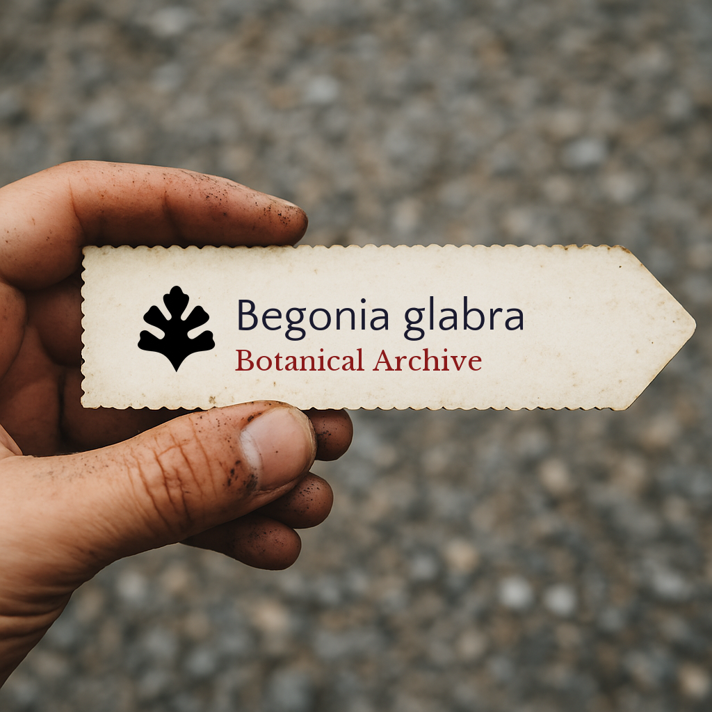 Printed plant label for Begonia glabra with botanical archive logo held in hand