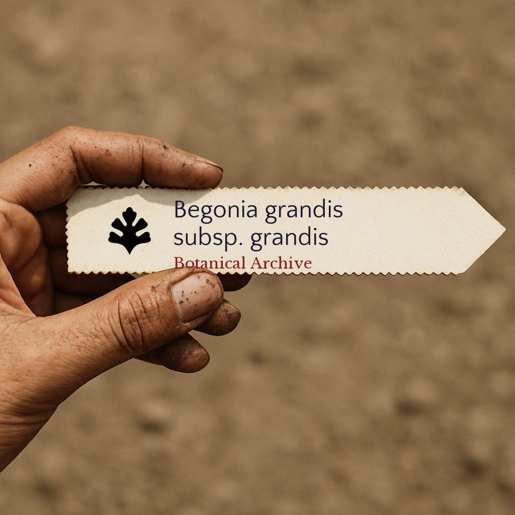 Plant label for Begonia grandis subsp. grandis held by hand with soil background