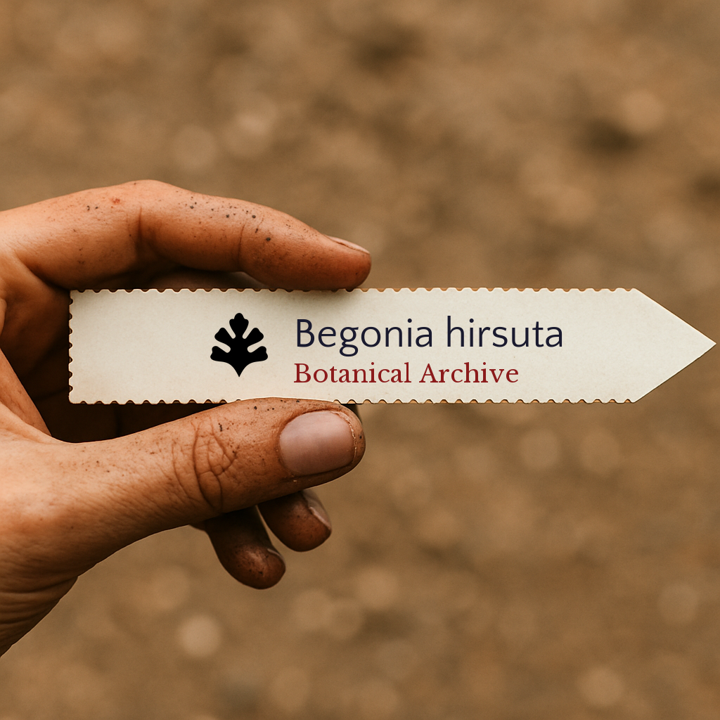 Printed plant label for Begonia hirsuta held by hand with soil background