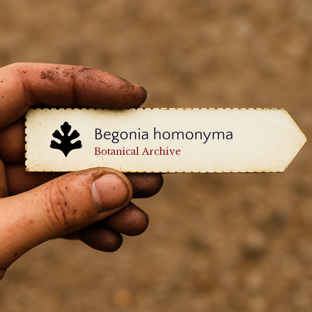 Printed plant label for Begonia homonyma held by dirty hand with blurred soil background