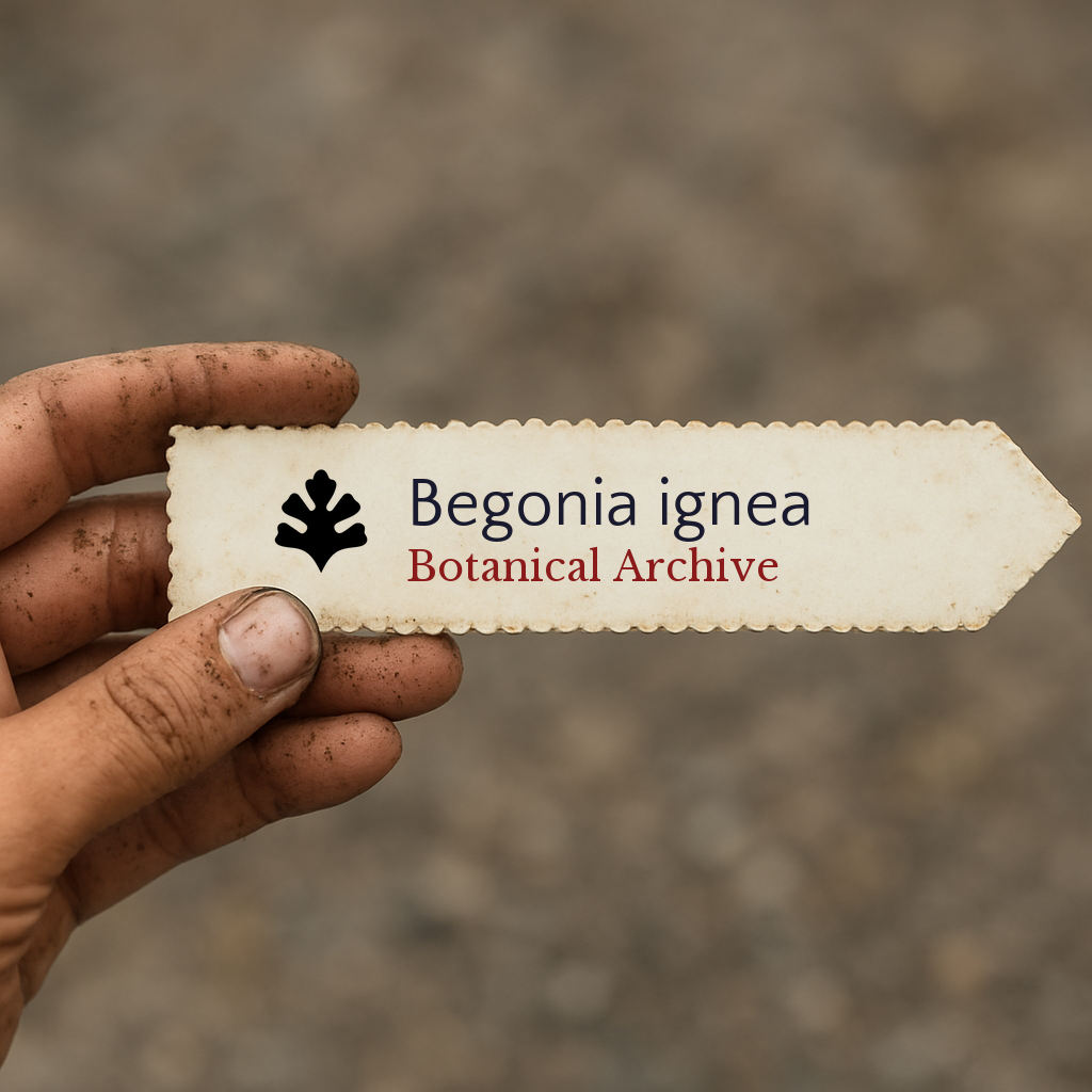 Printed plant label for Begonia ignea held by dirty hand with blurred background