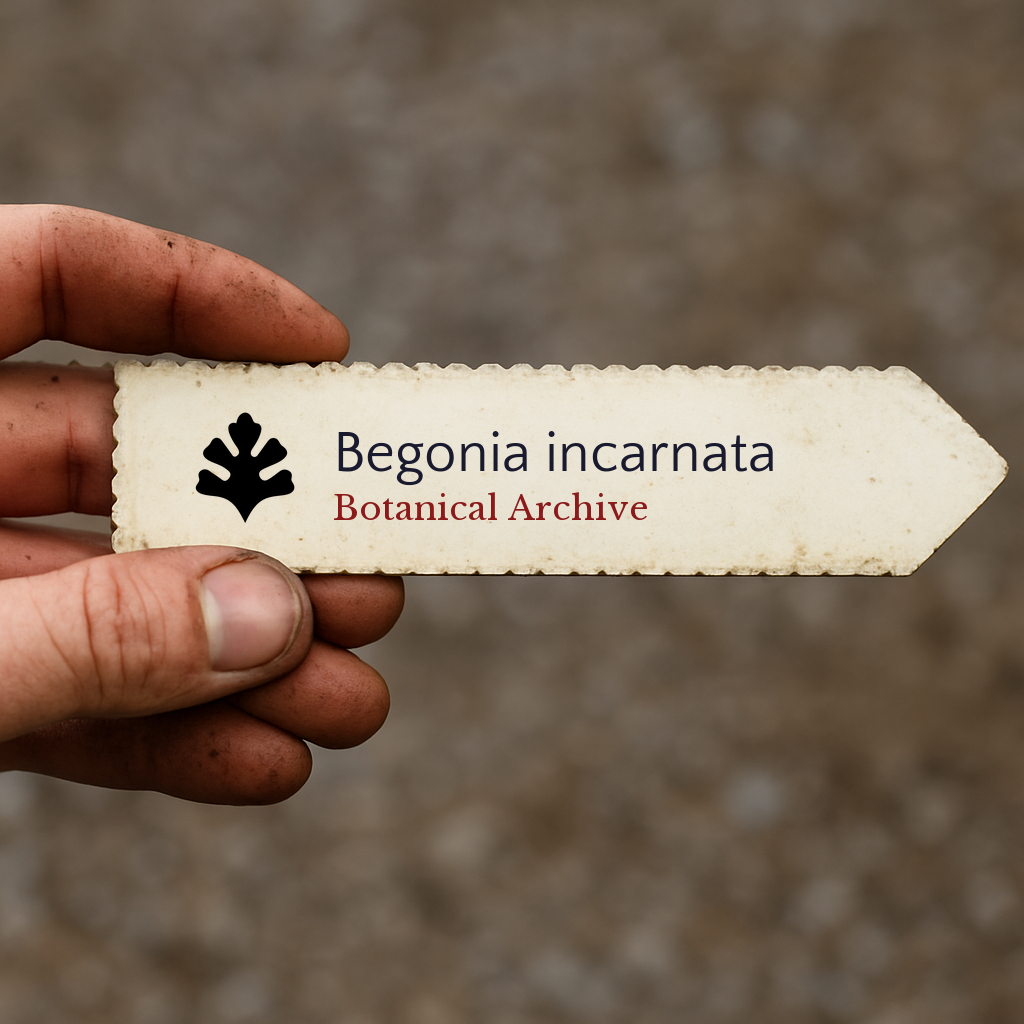 Printed plant label for Begonia incarnata held by hand with soil background