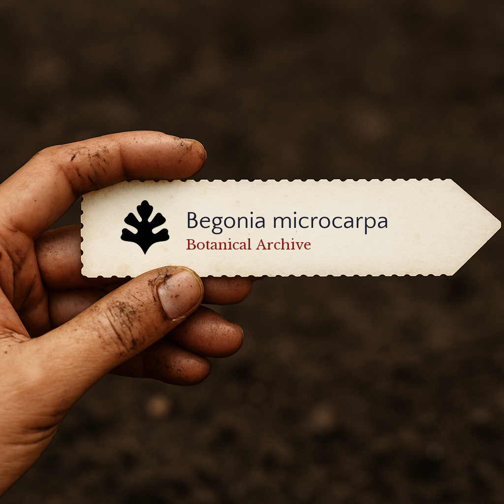 Printed plant label for Begonia microcarpa held by dirty hand over soil background