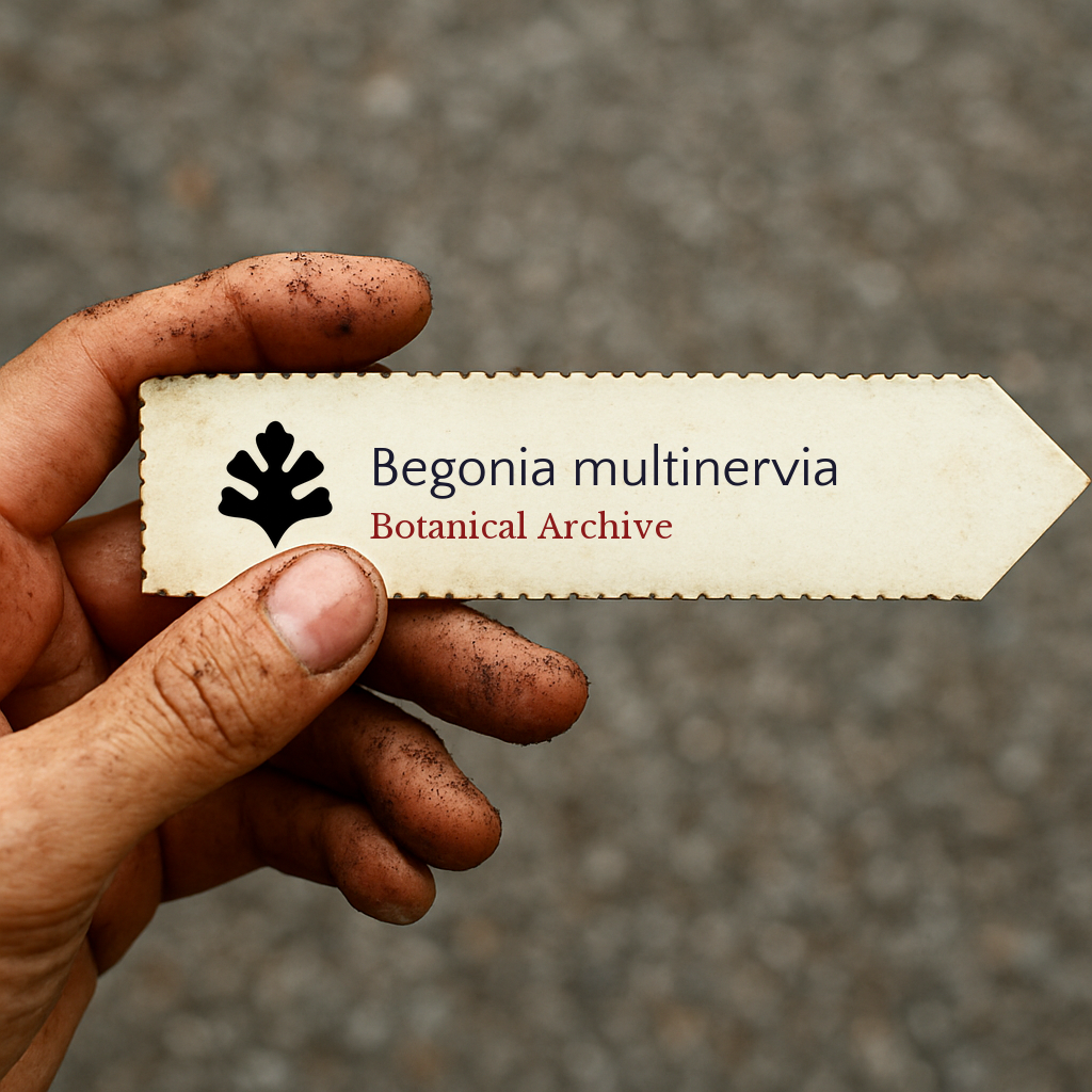 Etichetta stampata per pianta di Begonia multinervia tenuta da mano sporca all’aperto