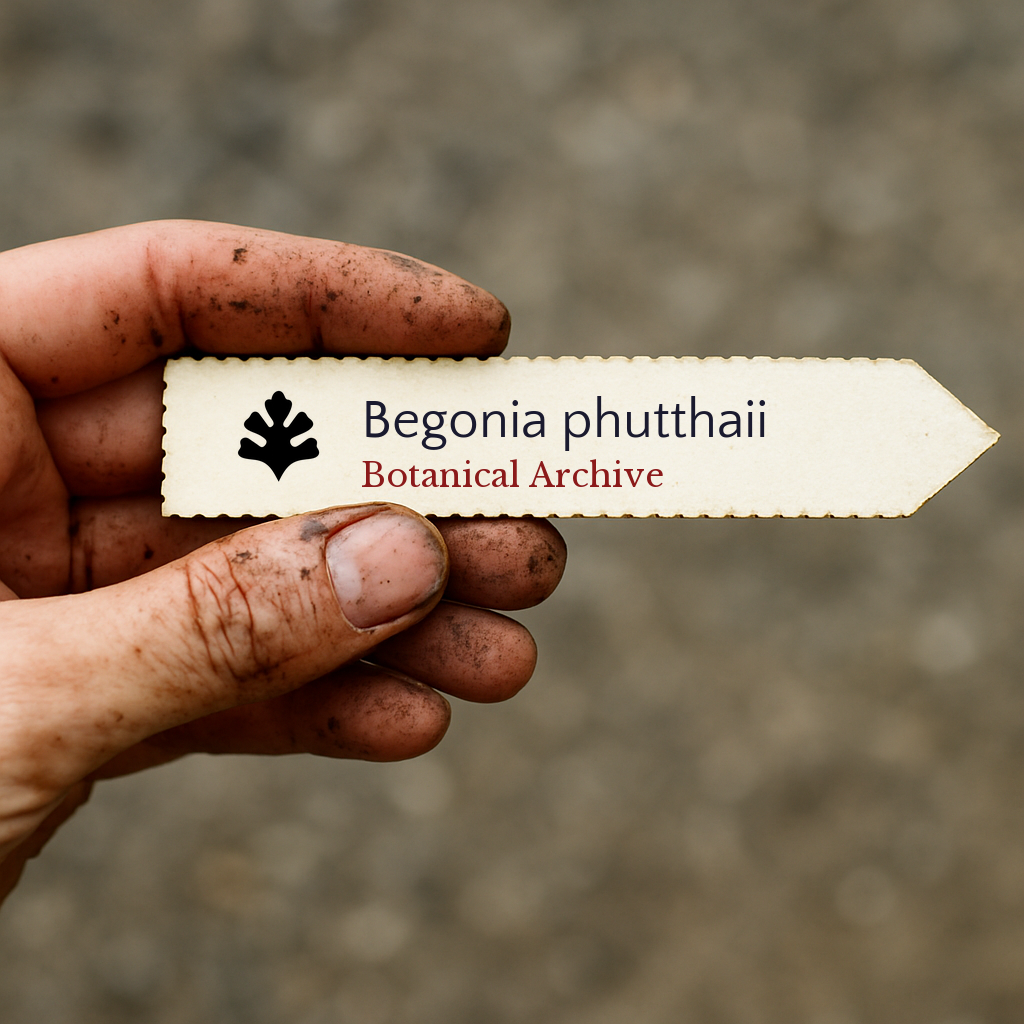 Printed plant label for Begonia phutthaii held by dirty hand outdoors
