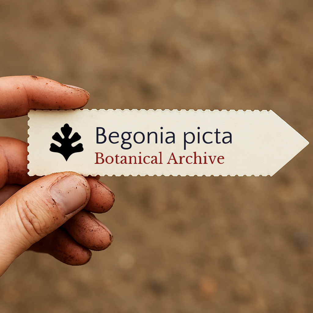 Etichetta per pianta stampata per Begonia picta tenuta da una mano sporca su sfondo di terreno