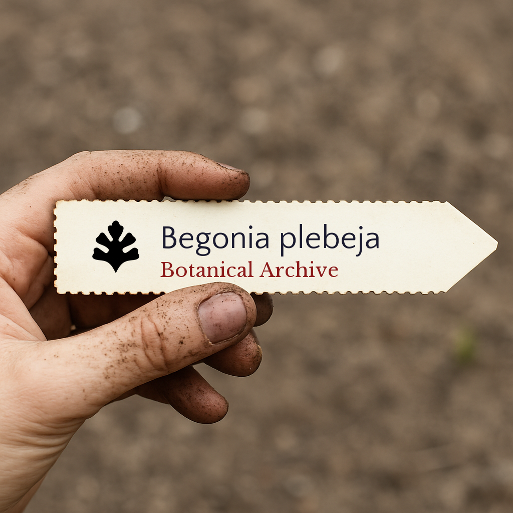 Etichetta per pianta stampata per Begonia plebeja tenuta da una mano sporca di terra all'aperto