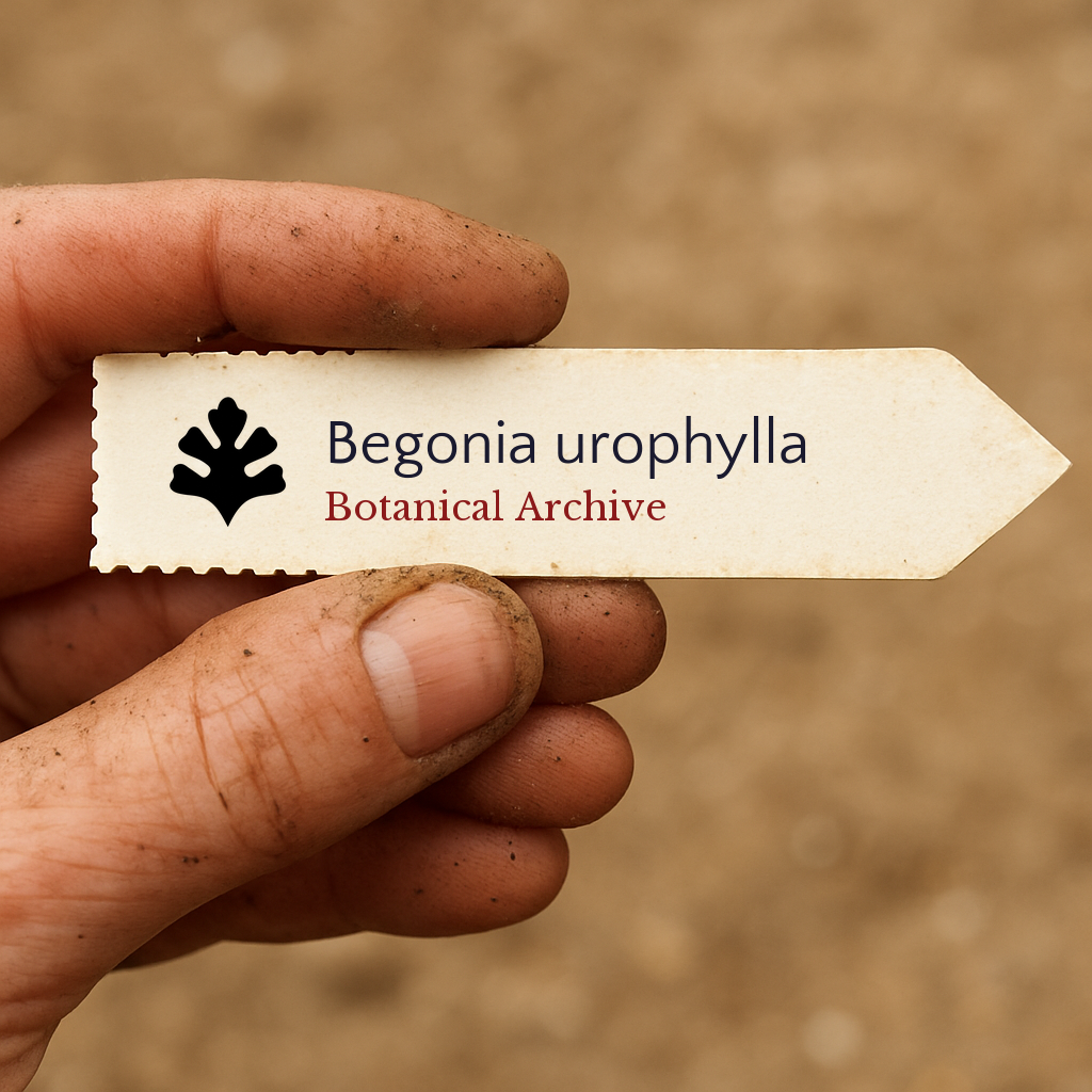 Etichetta per pianta stampata per Begonia urophylla tenuta da una mano sporca su sfondo di terra
