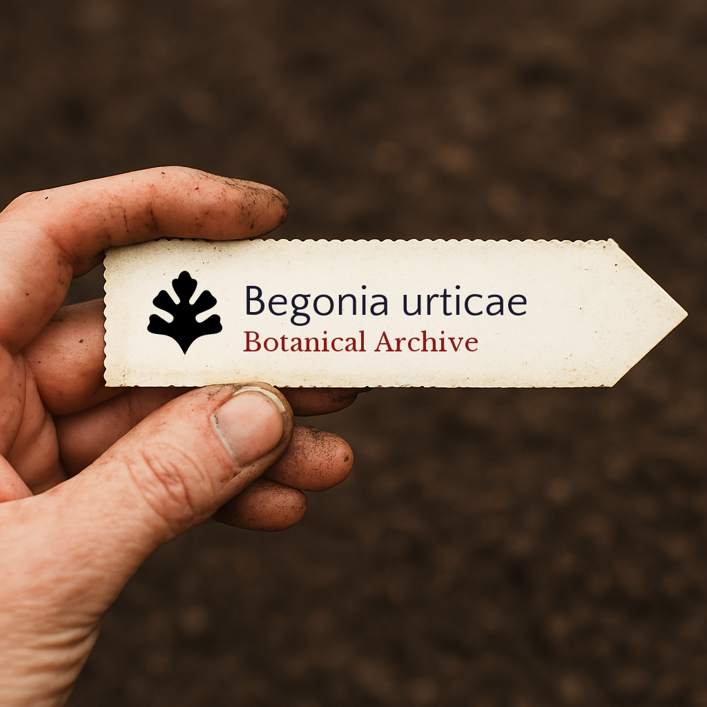 Printed plant label for Begonia urticae held by dirty hand over soil background
