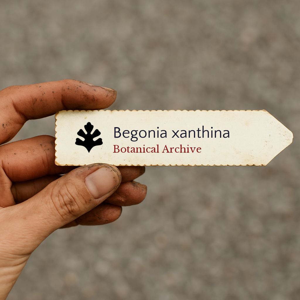 Printed plant label for Begonia xanthina held by hand with dirt on fingers