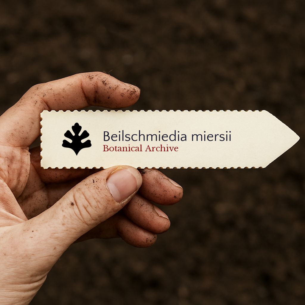 Etichetta per pianta stampata per Beilschmiedia miersii tenuta da una mano sporca sullo sfondo di terra