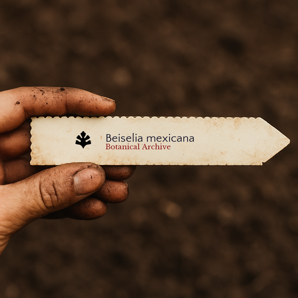 Printed plant label for Beiselia mexicana held by hand with soil background
