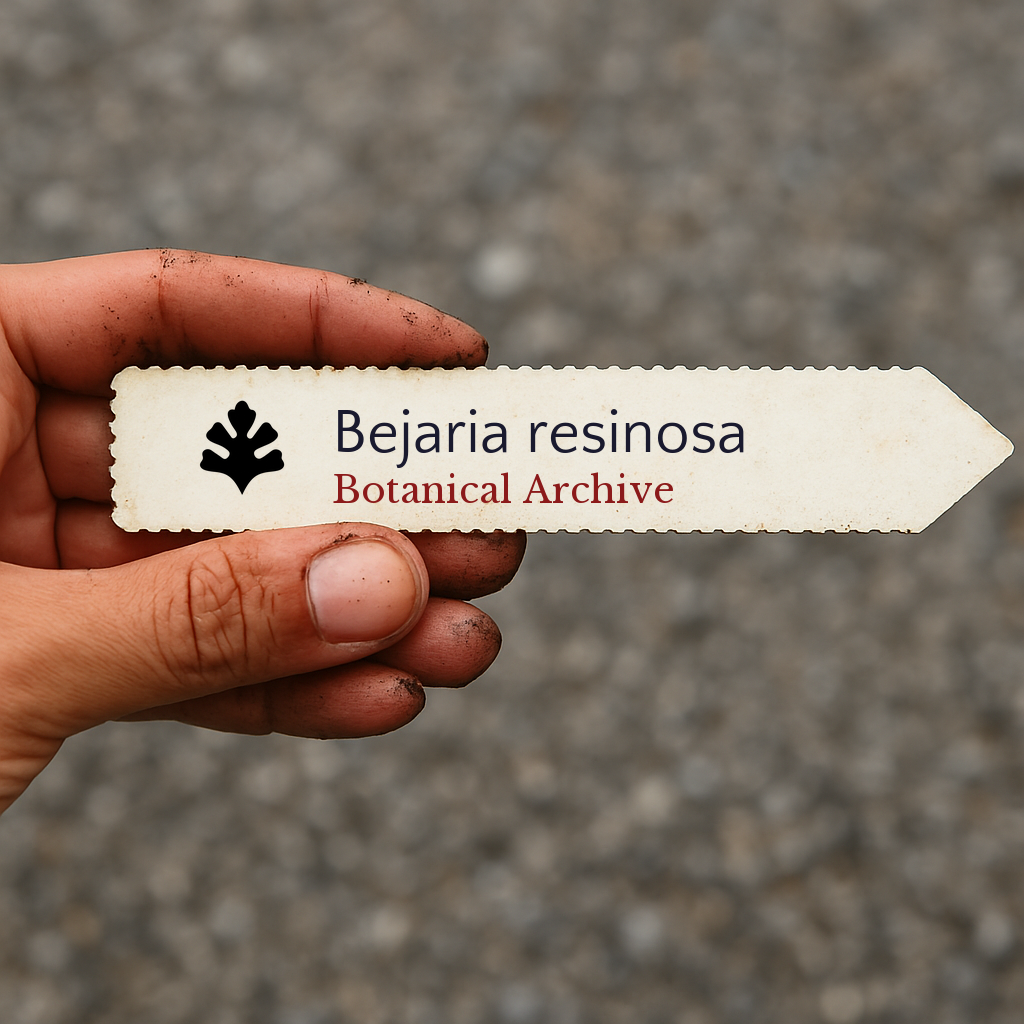 Printed plant label for Bejaria resinosa held by hand with dirt under fingernails
