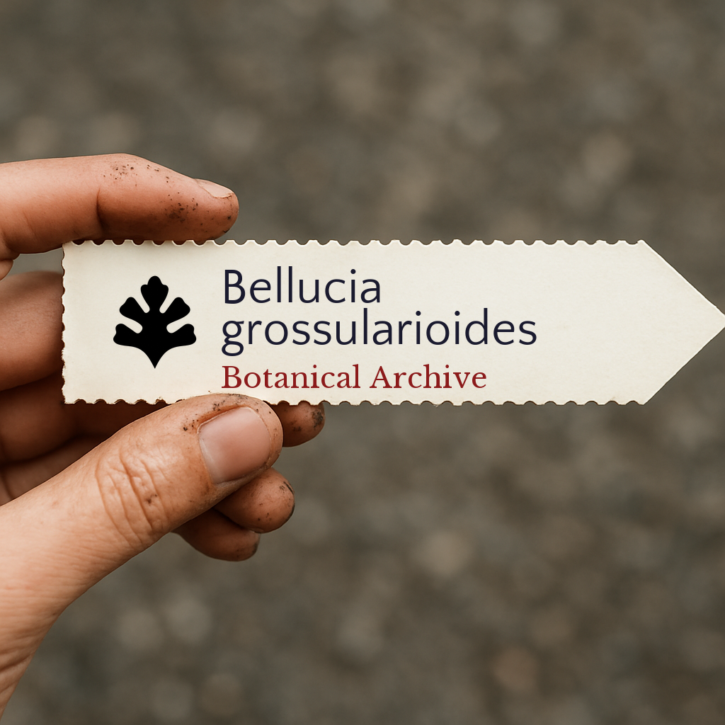 Etichetta stampata per pianta di Bellucia grossularioides tenuta da mano sporca all'aperto
