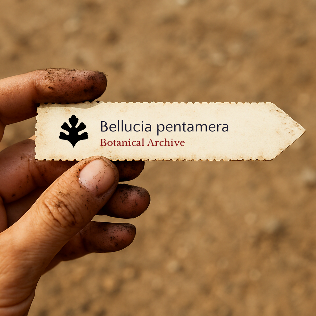 Etichetta stampata per pianta di Bellucia pentamera tenuta da mano sporca con sfondo di terra