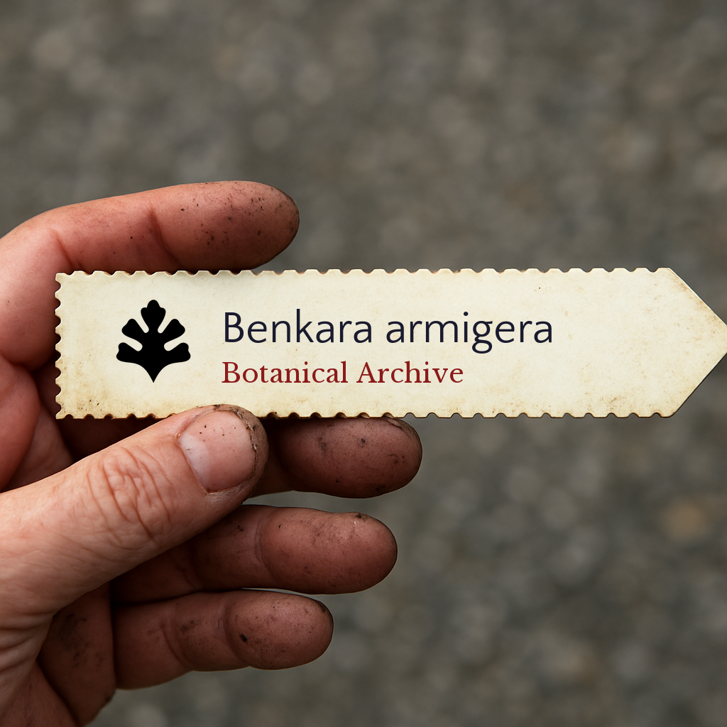 Printed plant label for Benkara armigera held by dirty hand with textured background