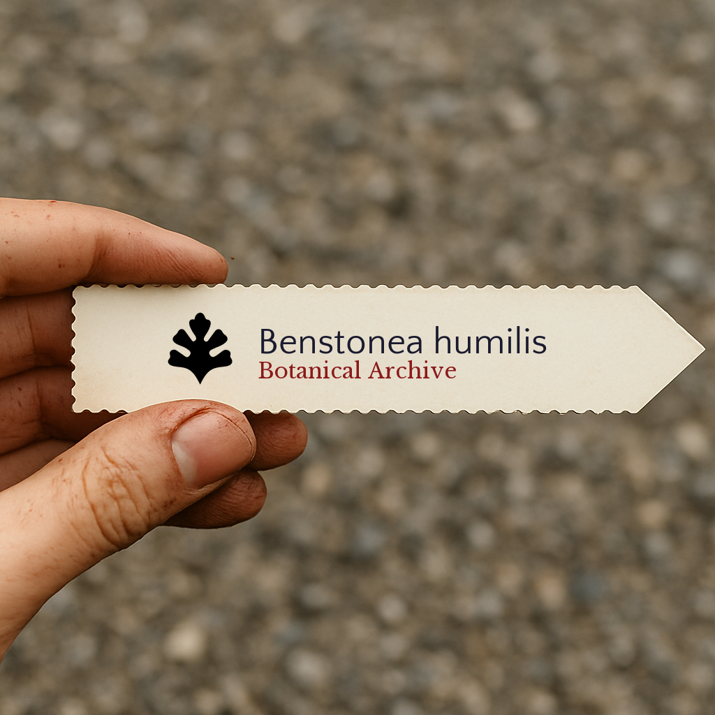 Printed plant label for Benstonea humilis with botanical archive logo held by hand