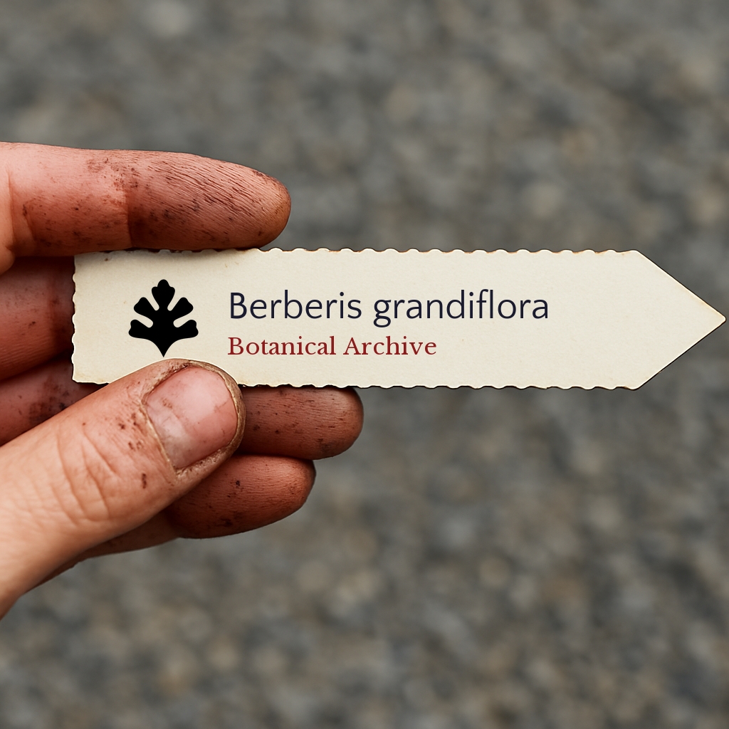 Etichetta stampata per pianta di Berberis grandiflora con logo di Botanical Archive tenuta da mano sporca