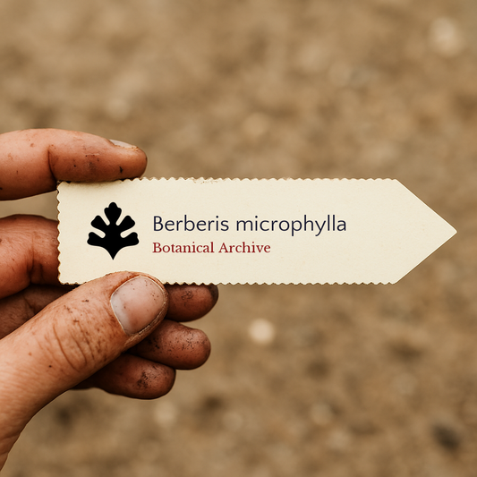 Etichetta piantina stampata per Berberis microphylla tenuta da mano sporca contro sfondo di terreno