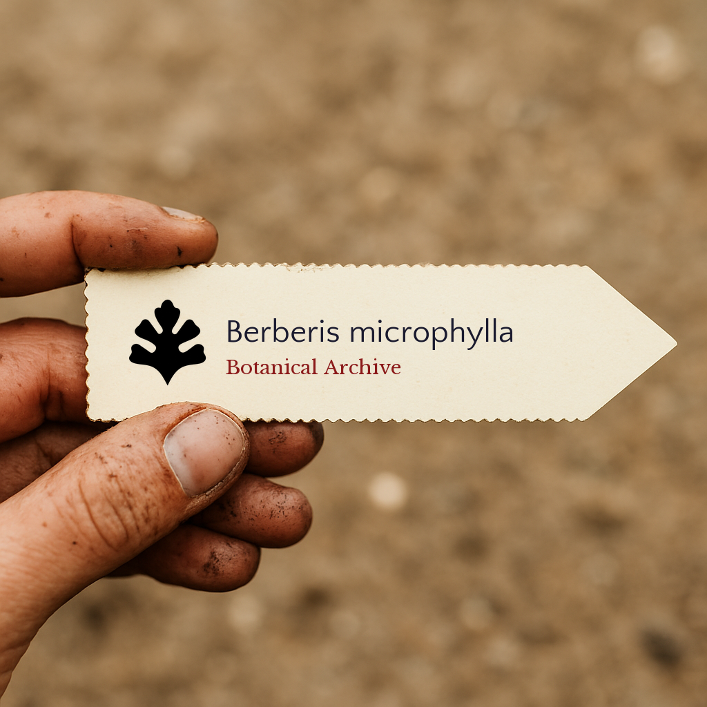 Etichetta vegetale stampata per Berberis microphylla tenuta da mano sporca con sfondo di terreno
