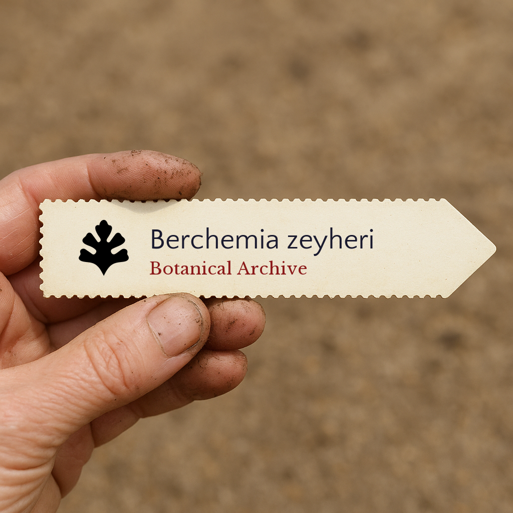Printed plant label for Berchemia zeyheri held by hand with soil background