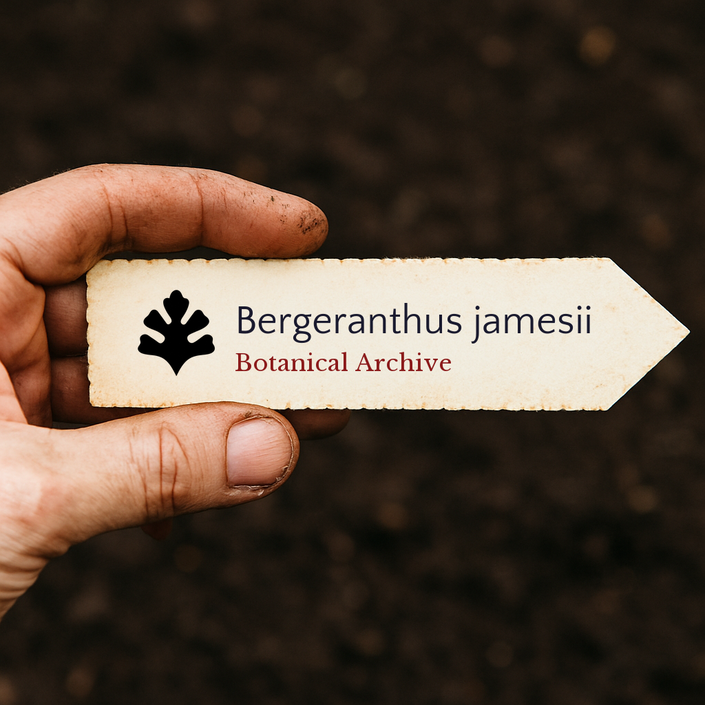 Printed plant label for Bergeranthus jamesii held against dark soil background