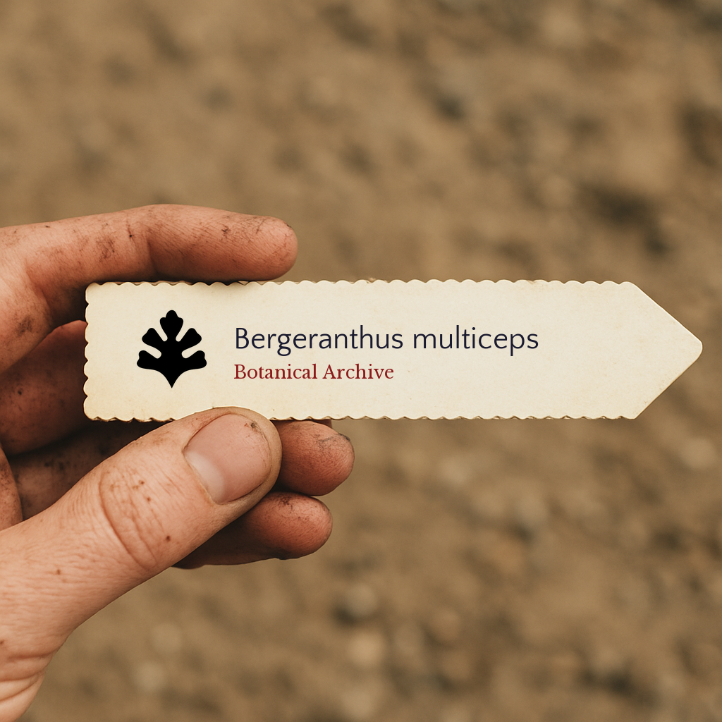 Etichetta stampata per pianta di Bergeranthus multiceps con logo Botanical Archive tenuta a mano