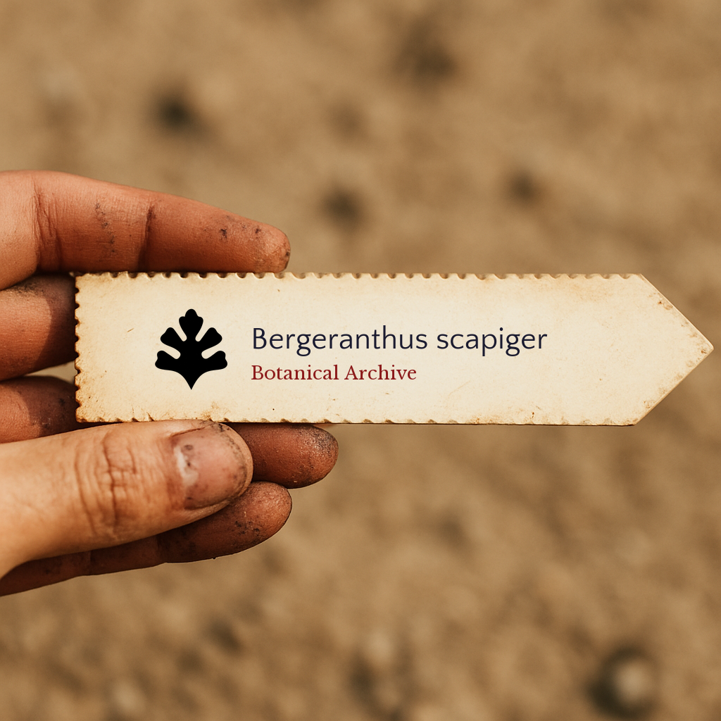 Printed plant label for Bergeranthus scapiger held by dirty hand over soil background